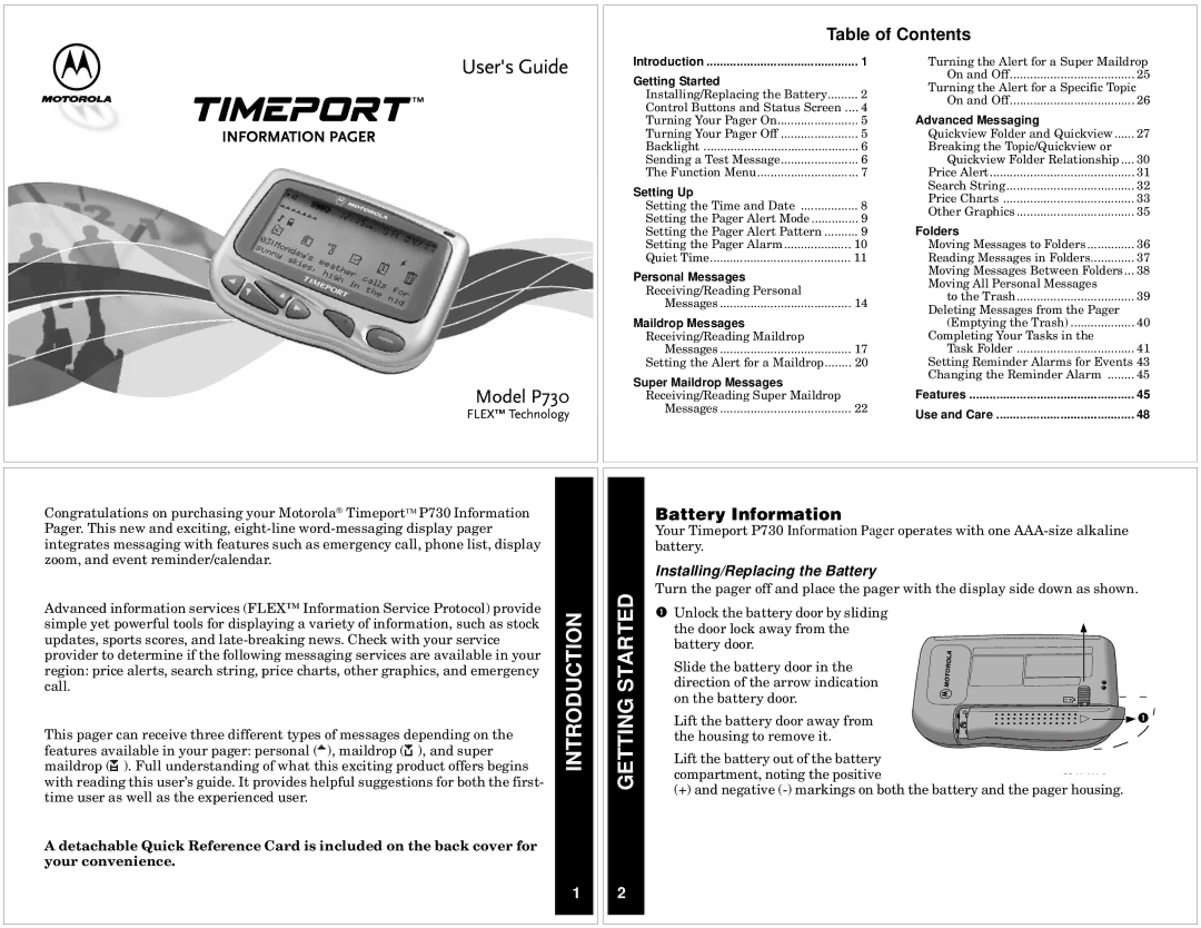 Motorola P730 manual Introduction Getting Started, Table of Contents, Battery Information 