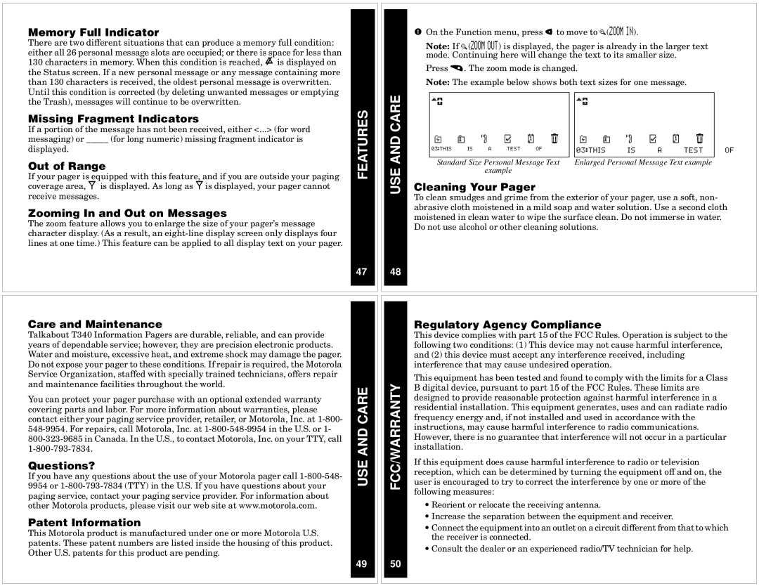 Motorola P730 manual Features Care, Use, USE and Care FCC/WARRANTY 