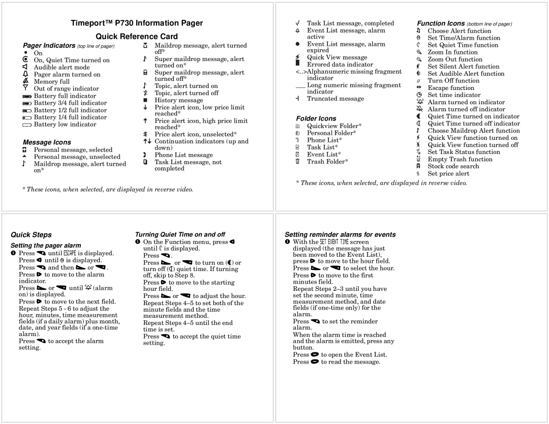 Motorola manual Timeport P730 Information Pager Quick Reference Card, Message Icons, Folder Icons 