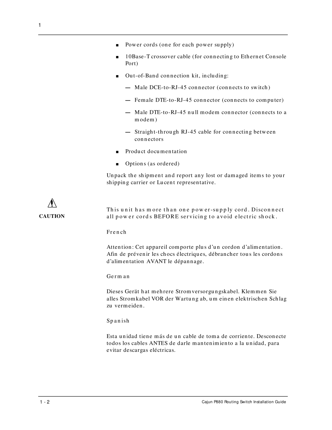 Motorola P880 manual This unit has more than one power-supply cord. Disconnect, French, German, Spanish 