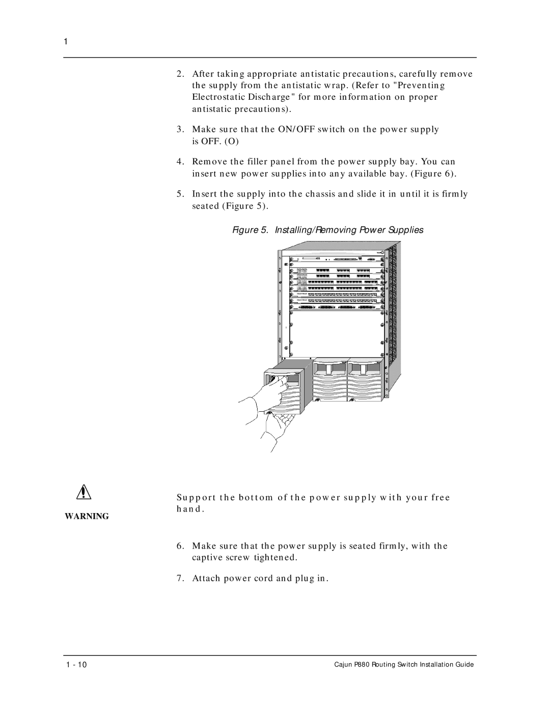 Motorola P880 manual Installing/Removing Power Supplies, Support the bottom of the power supply with your free hand 