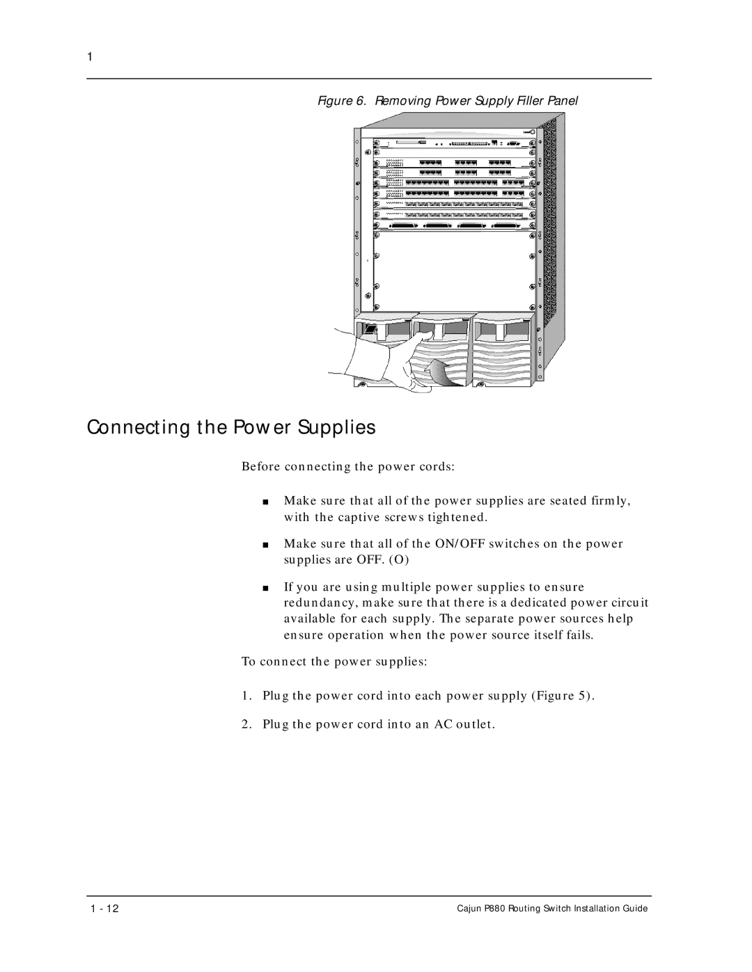 Motorola P880 manual Connecting the Power Supplies, Removing Power Supply Filler Panel 