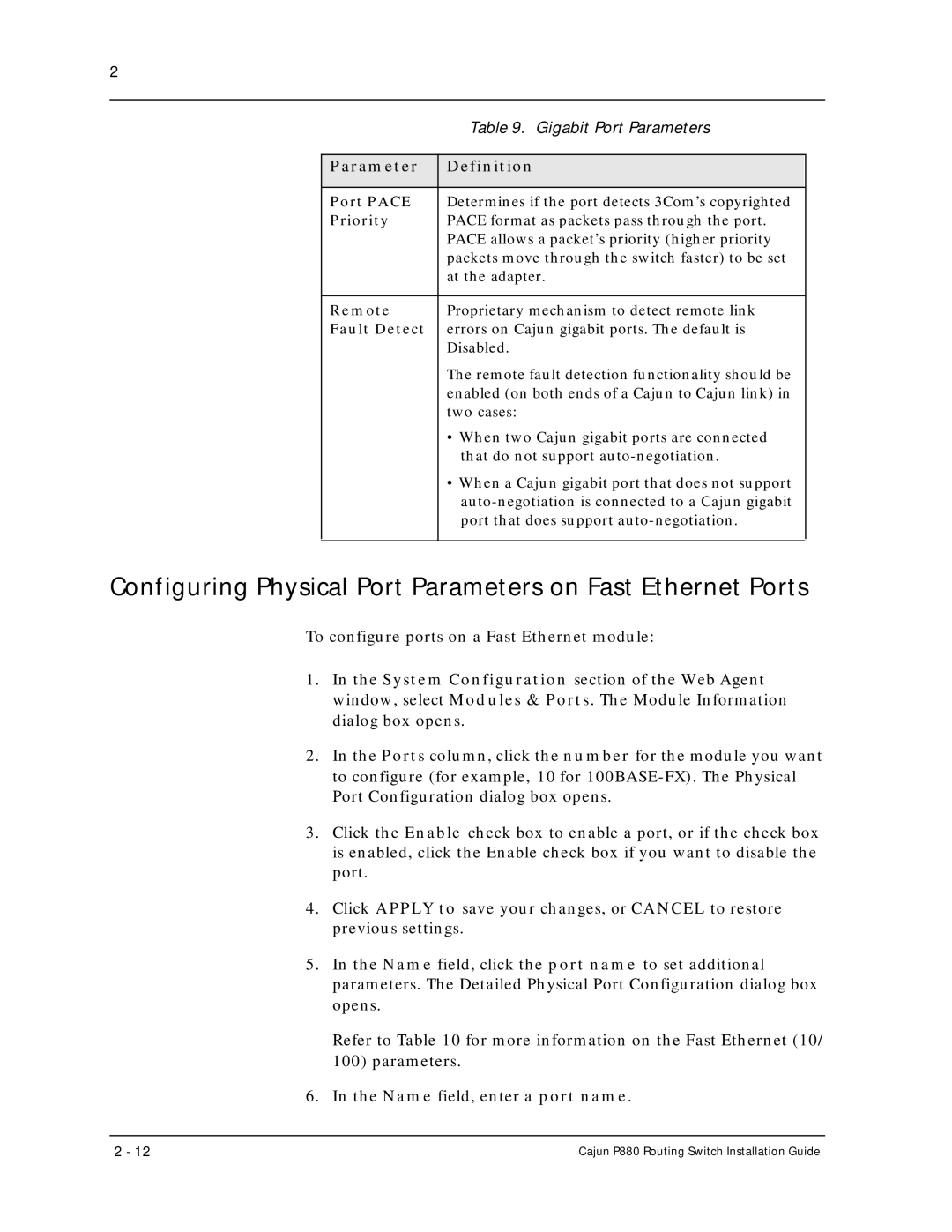 Motorola P880 manual Configuring Physical Port Parameters on Fast Ethernet Ports, Port Pace, Priority, Remote, Fault Detect 