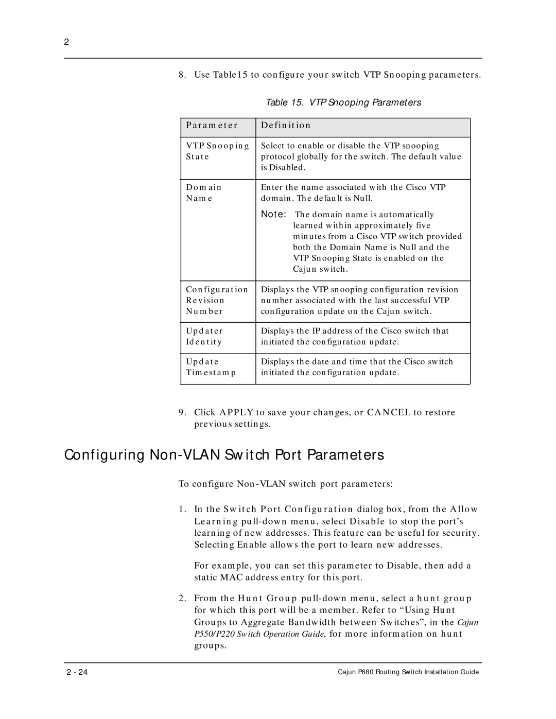 Motorola P880 manual Configuring Non-VLAN Switch Port Parameters 