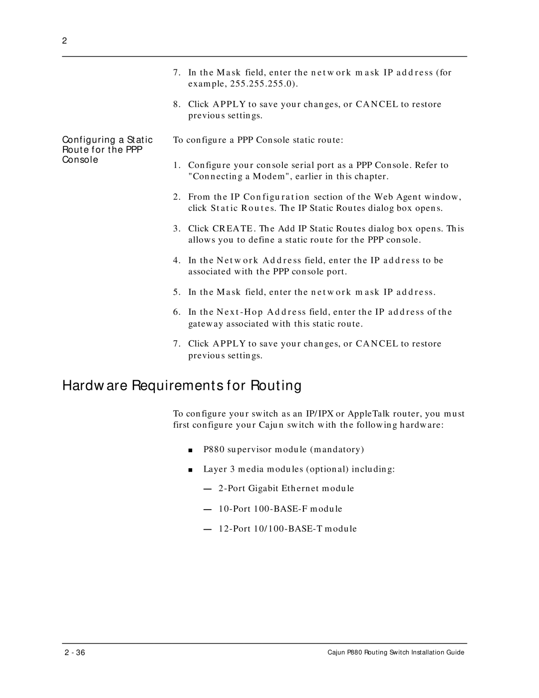 Motorola P880 manual Hardware Requirements for Routing, Configuring a Static Route for the PPP Console 