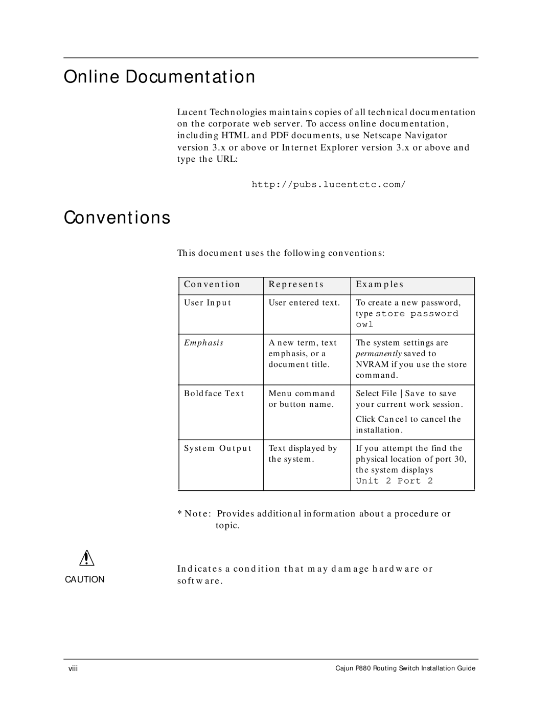 Motorola P880 manual Online Documentation, Conventions, Convention Represents Examples 