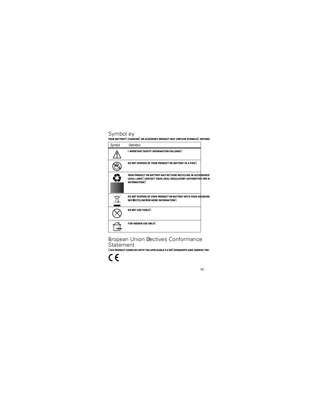 Motorola P893 manual Symbol Key, European Union Directives Conformance Statement, Symbol Definition 