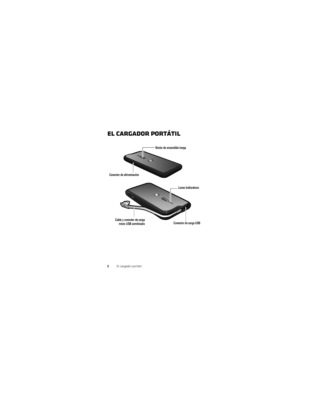 Motorola P893 manual El cargador portátil, Botón de encendido/carga Conector de alimentación 