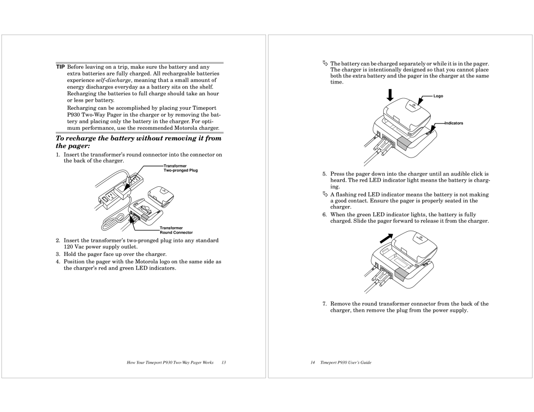 Motorola P930 quick start To recharge the battery without removing it from the pager 