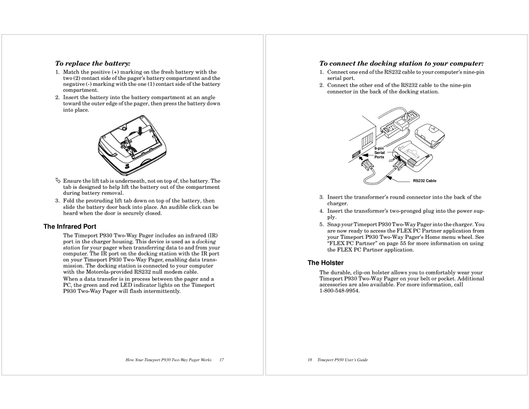 Motorola P930 quick start To replace the battery, Infrared Port, To connect the docking station to your computer, Holster 