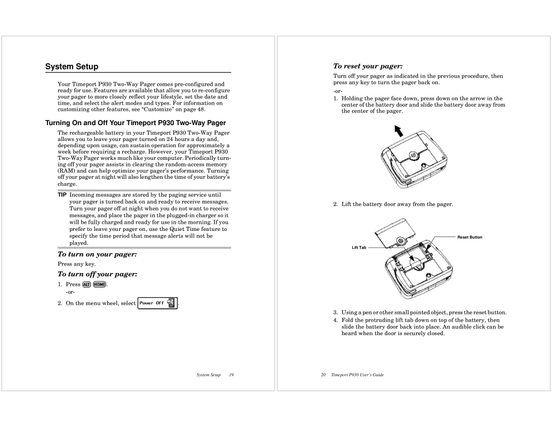 Motorola System Setup, Turning On and Off Your Timeport P930 Two-Way Pager, To turn on your pager, To reset your pager 