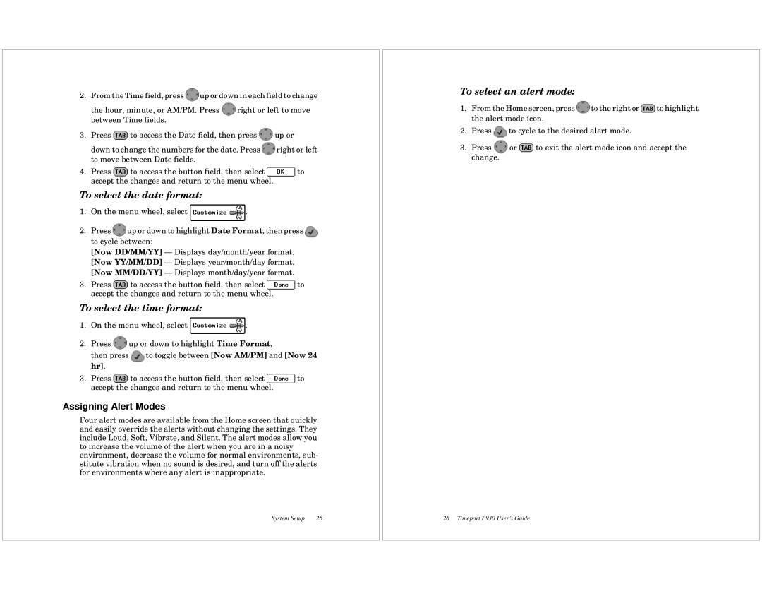 Motorola P930 To select the date format, To select the time format, Assigning Alert Modes, To select an alert mode 