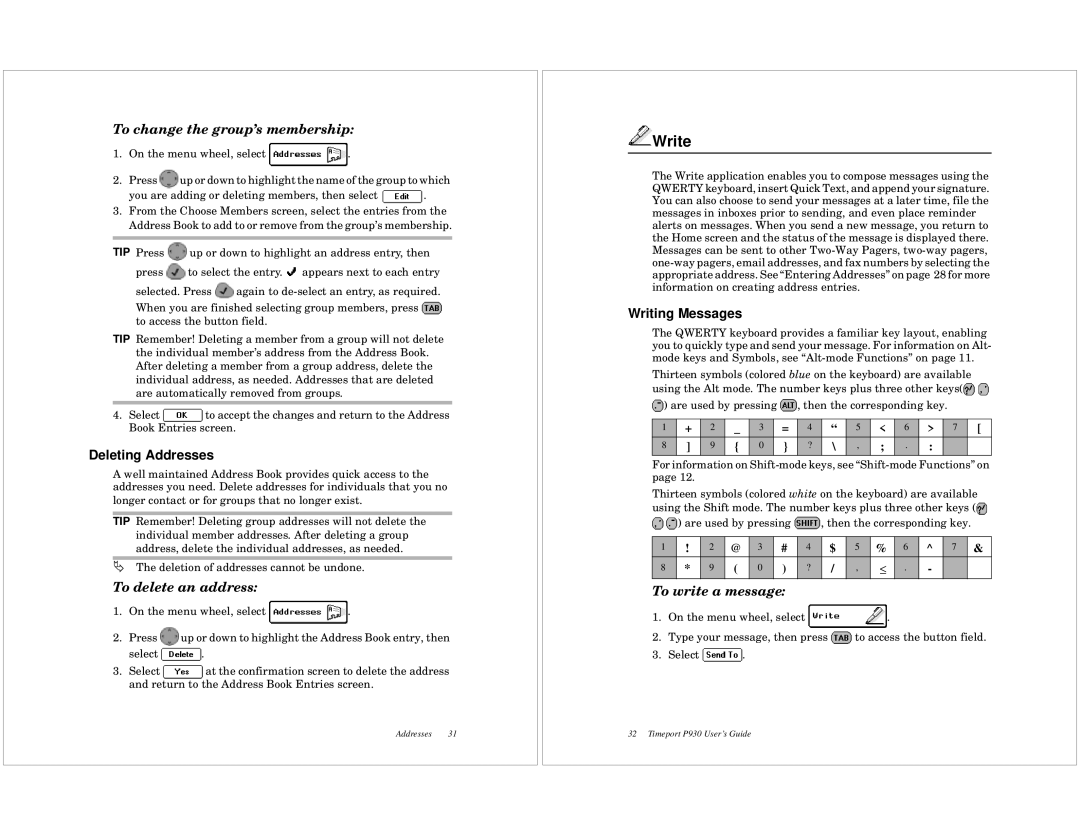 Motorola P930 quick start Write, Deleting Addresses, Writing Messages 