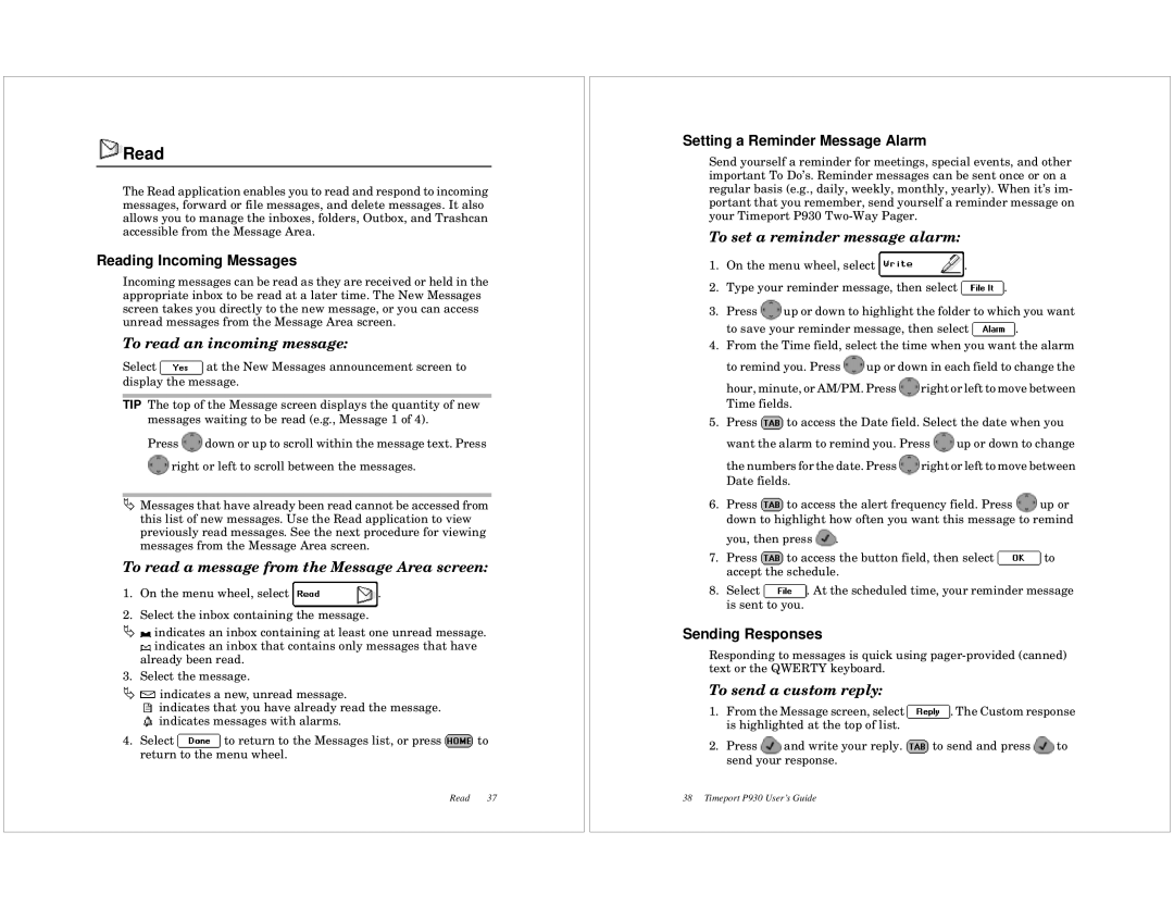 Motorola P930 quick start Reading Incoming Messages, Setting a Reminder Message Alarm, Sending Responses 