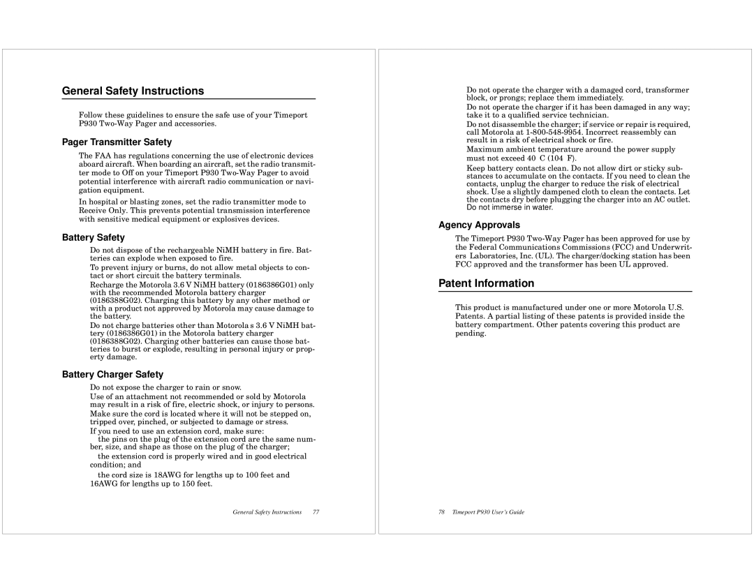 Motorola P930 quick start General Safety Instructions, Patent Information 