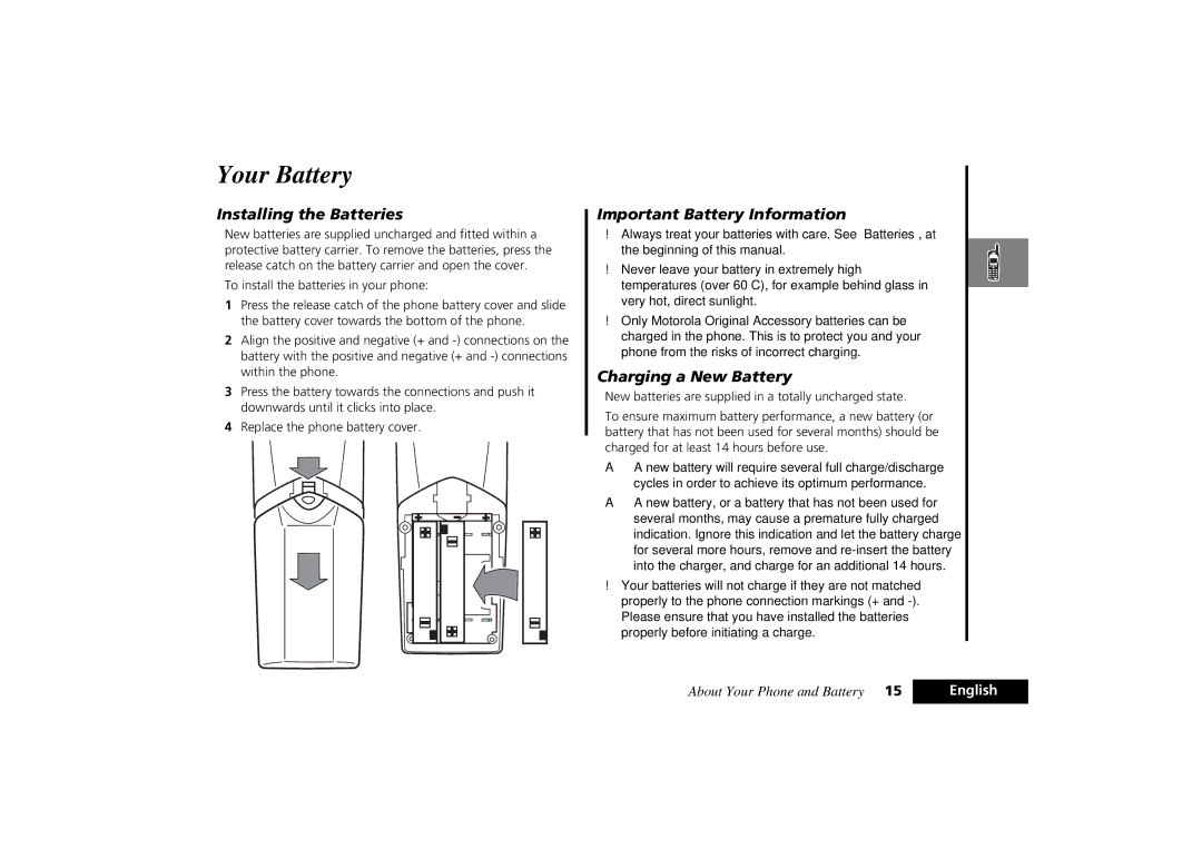 Motorola PCS Cellular Telephone specifications Your Battery, Installing the Batteries, Important Battery Information 