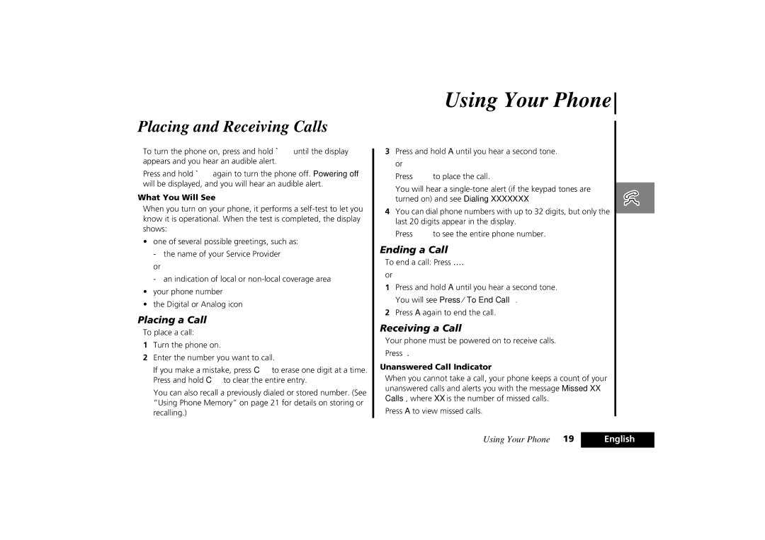 Motorola PCS Cellular Telephone specifications Using Your Phone, Placing and Receiving Calls, Placing a Call, Ending a Call 