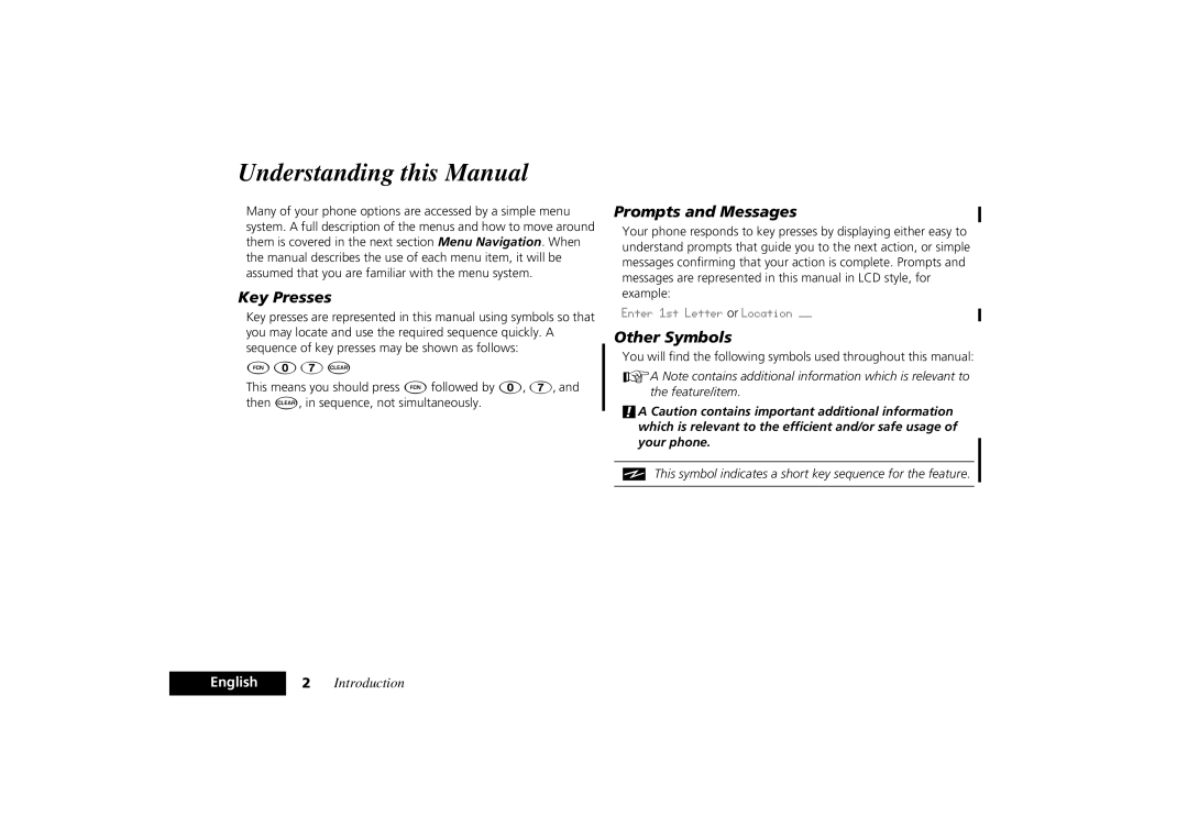 Motorola PCS Cellular Telephone specifications Understanding this Manual, Key Presses, Prompts and Messages, Other Symbols 