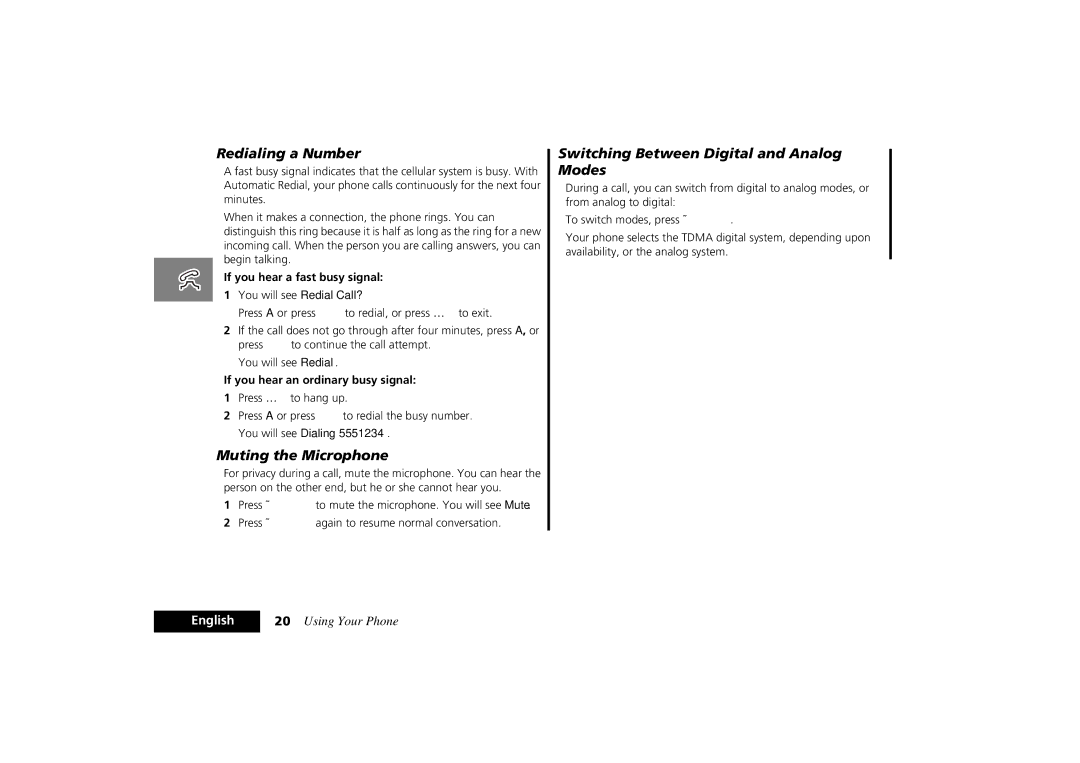 Motorola PCS Cellular Telephone Redialing a Number, Muting the Microphone, Switching Between Digital and Analog Modes 