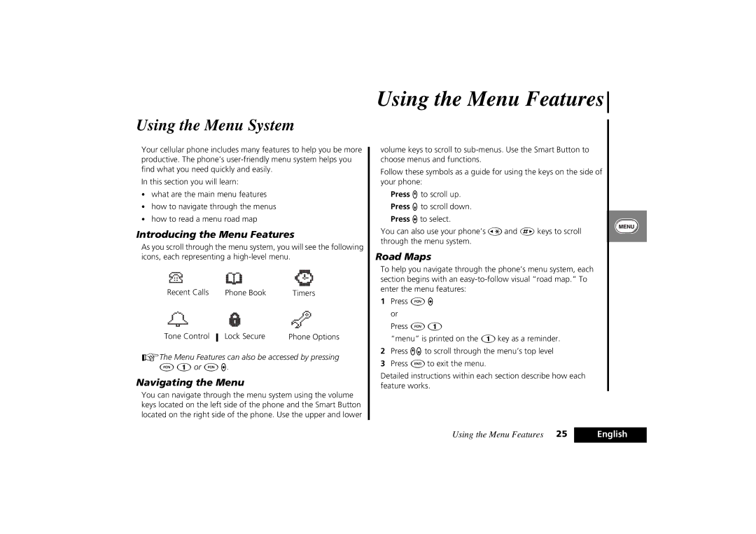 Motorola PCS Cellular Telephone Using the Menu Features, Using the Menu System, Introducing the Menu Features, Road Maps 