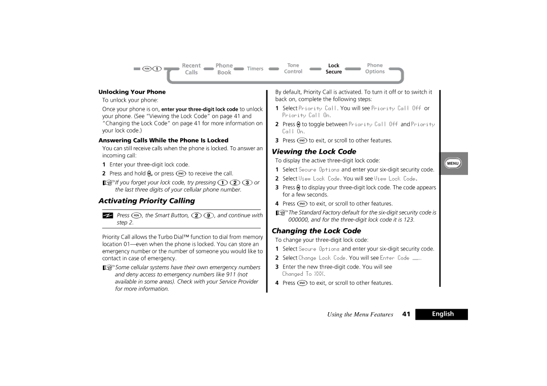 Motorola PCS Cellular Telephone specifications Activating Priority Calling, Viewing the Lock Code, Changing the Lock Code 