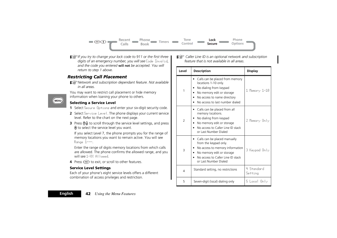 Motorola PCS Cellular Telephone Restricting Call Placement, Selecting a Service Level, Service Level Settings 