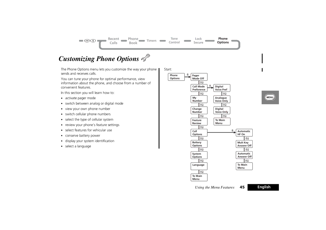 Motorola PCS Cellular Telephone specifications Customizing Phone Options 