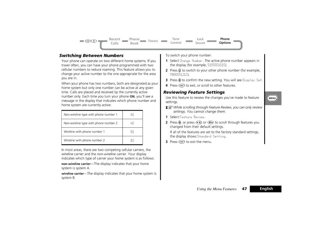 Motorola PCS Cellular Telephone specifications Switching Between Numbers, Reviewing Feature Settings 