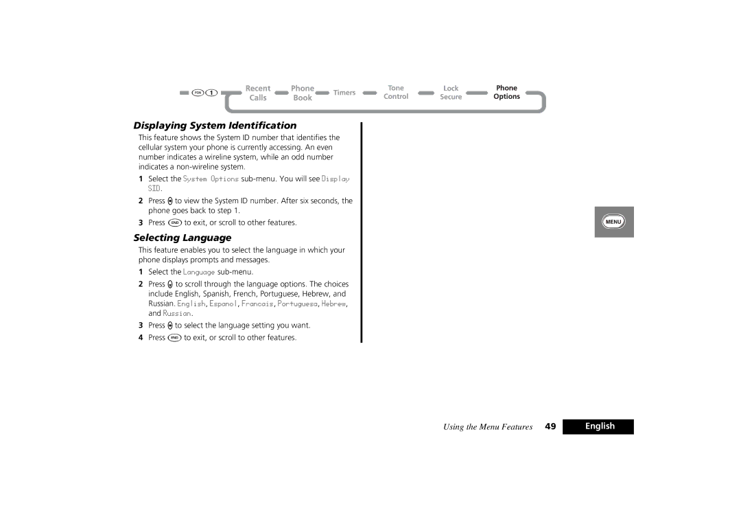 Motorola PCS Cellular Telephone specifications Displaying System Identification, Selecting Language 