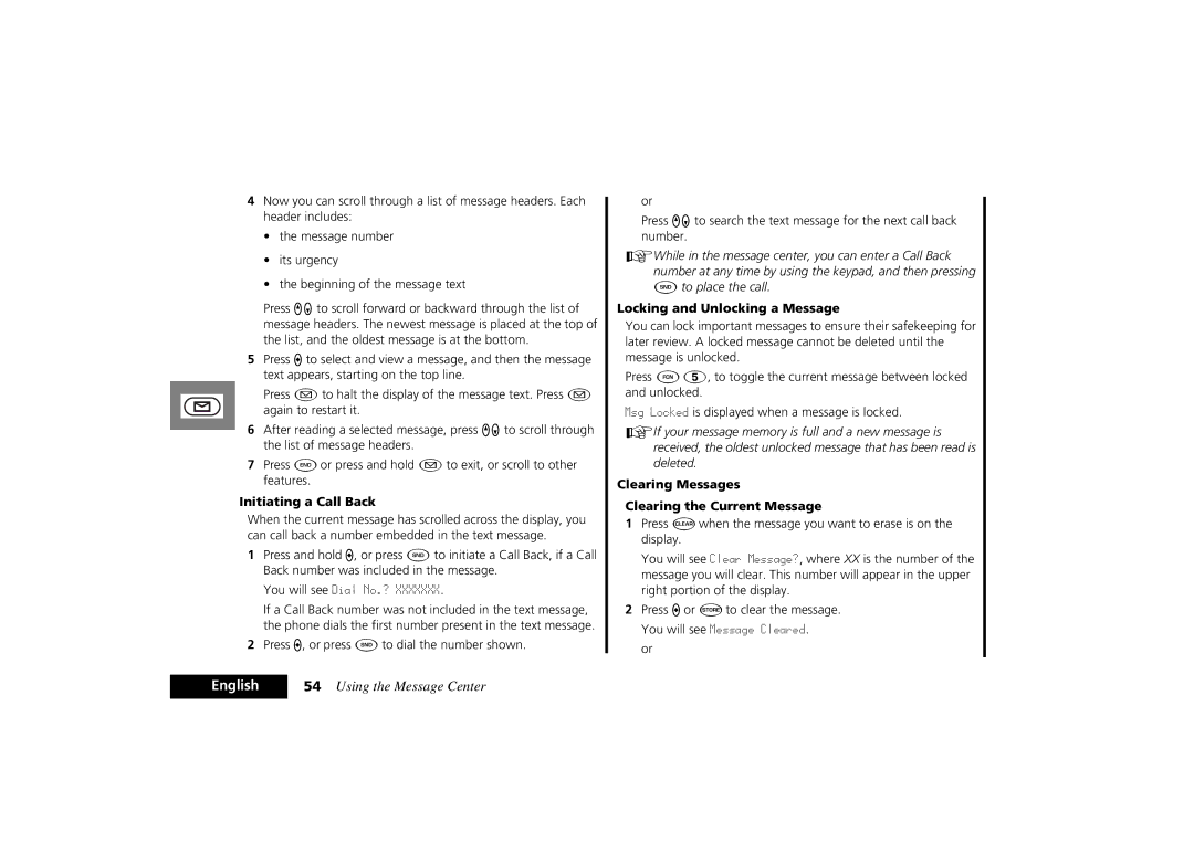 Motorola PCS Cellular Telephone specifications Initiating a Call Back, ¾ to place the call, Locking and Unlocking a Message 