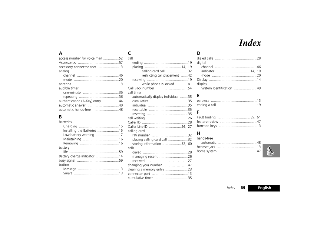 Motorola PCS Cellular Telephone specifications Index 