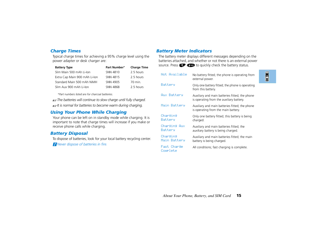 Motorola PCS telephone manual Charge Times, Battery Meter Indicators, Using Your Phone While Charging, Battery Disposal 