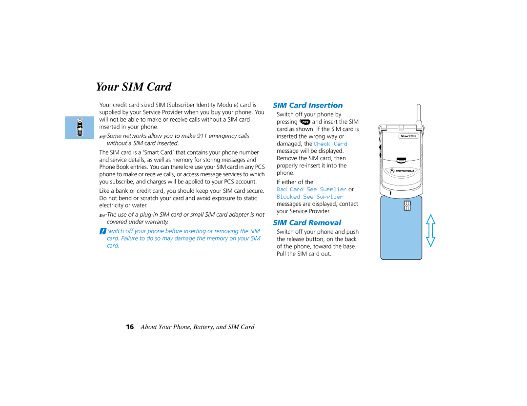 Motorola PCS telephone manual Your SIM Card, SIM Card Insertion, SIM Card Removal 