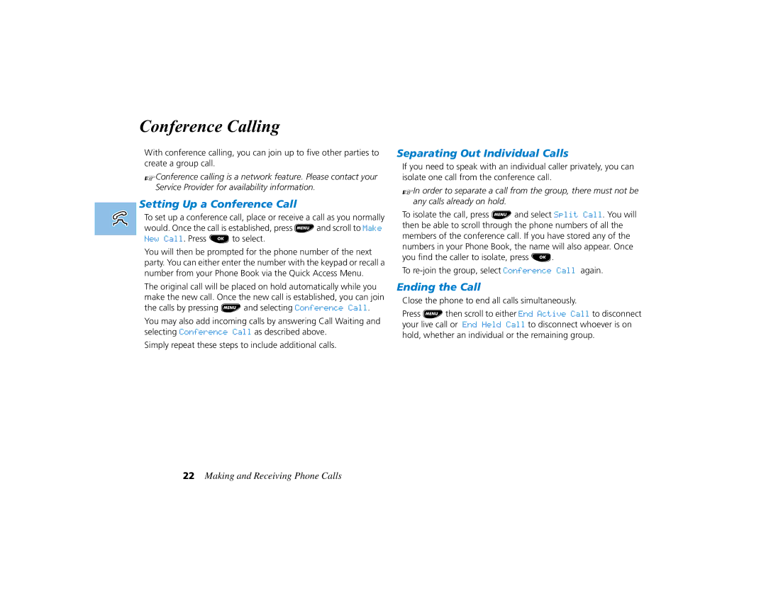 Motorola PCS telephone Conference Calling, Setting Up a Conference Call, Separating Out Individual Calls, Ending the Call 