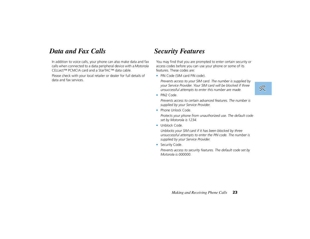 Motorola PCS telephone manual Data and Fax Calls, Security Features 