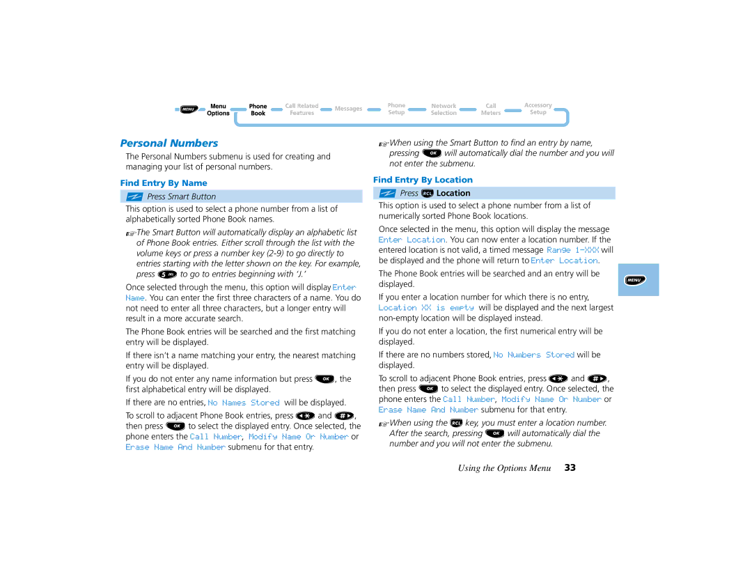 Motorola PCS telephone manual Personal Numbers, Find Entry By Name, Press Smart Button, Find Entry By Location 