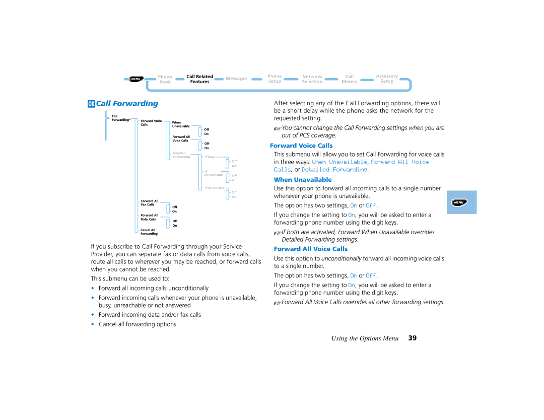 Motorola PCS telephone manual JCall Forwarding, Forward Voice Calls, When Unavailable, Forward All Voice Calls 