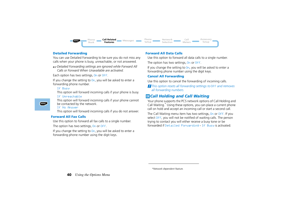 Motorola PCS telephone JCall Holding and Call Waiting, Detailed Forwarding, Forward All Fax Calls, Forward All Data Calls 