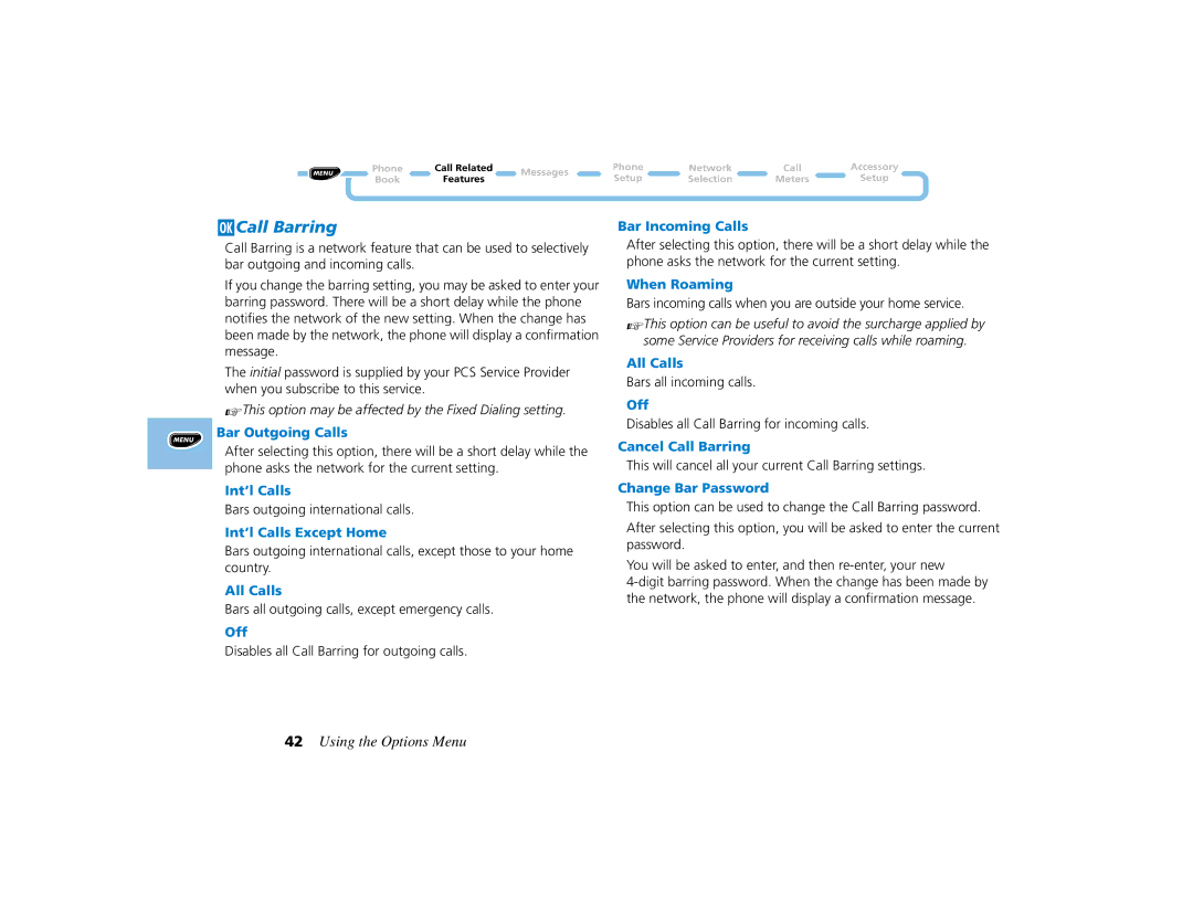 Motorola PCS telephone manual JCall Barring 