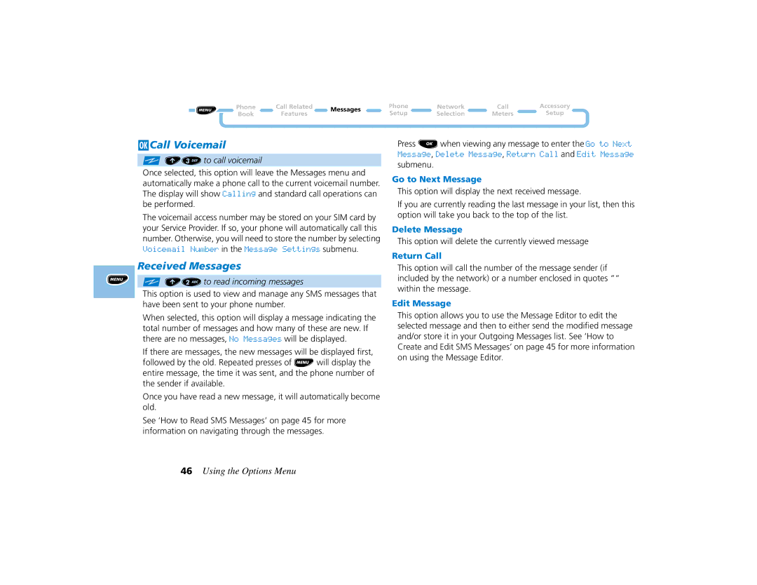 Motorola PCS telephone manual JCall Voicemail, Received Messages 