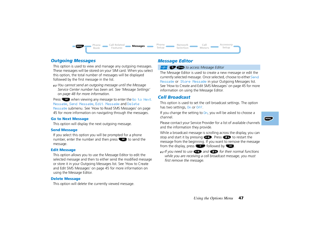 Motorola PCS telephone manual Outgoing Messages, Cell Broadcast, Send Message, E7to access Message Editor 