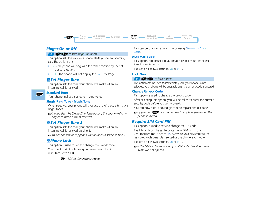 Motorola PCS telephone manual Ringer On or Off, JSet Ringer Tone, JPhone Lock, Require SIM Card PIN 