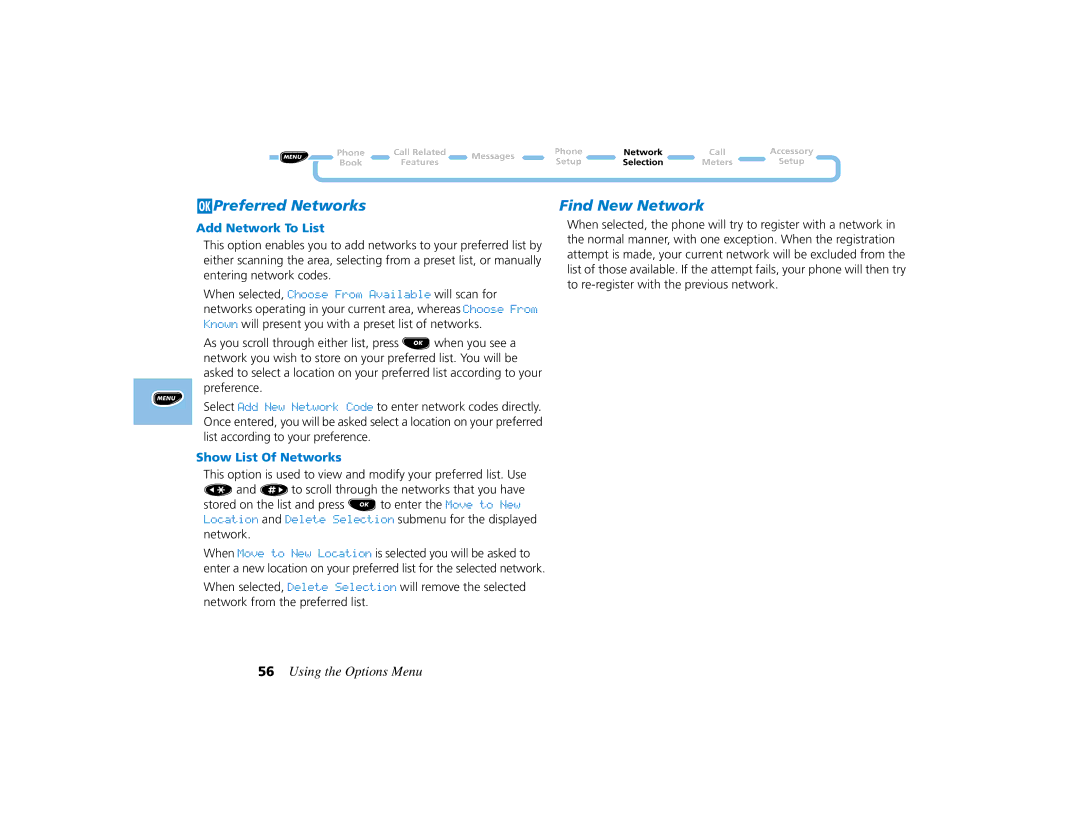 Motorola PCS telephone manual JPreferred Networks, Find New Network, Add Network To List, Show List Of Networks 