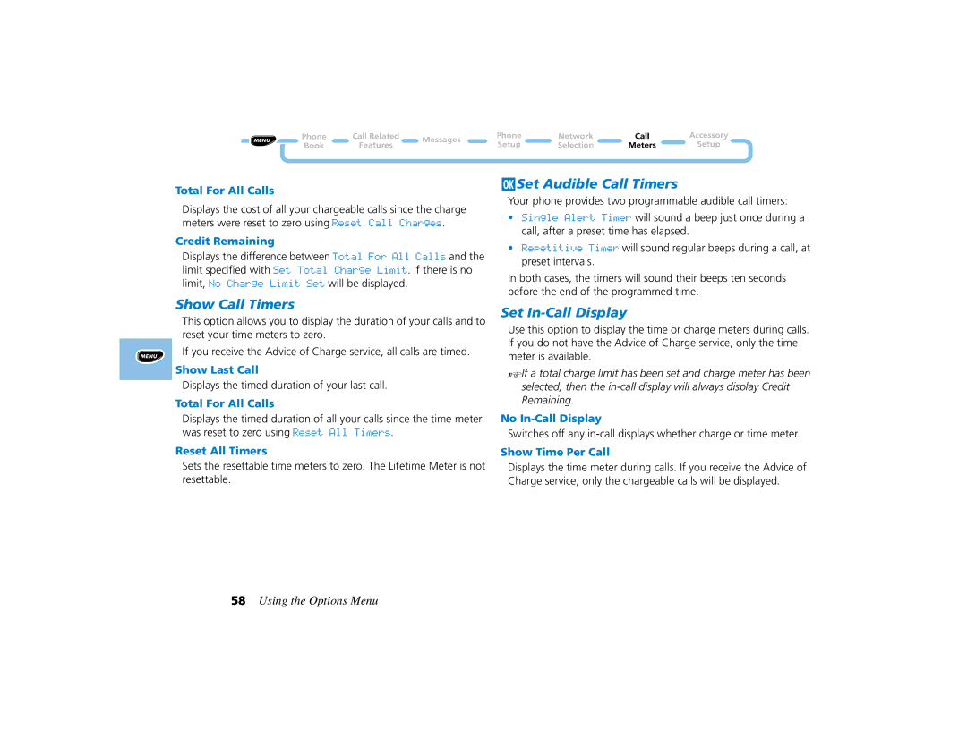 Motorola PCS telephone manual Show Call Timers, JSet Audible Call Timers, Set In-Call Display 