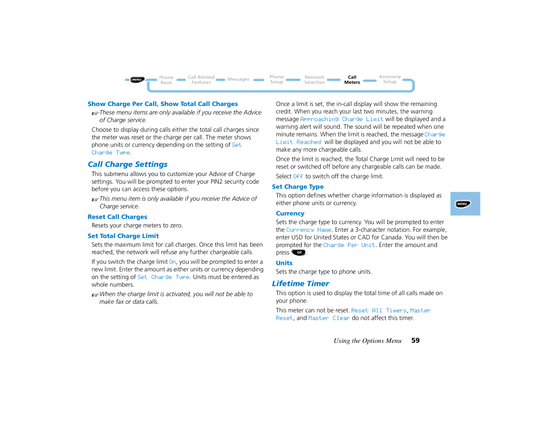 Motorola PCS telephone manual Call Charge Settings, Lifetime Timer 