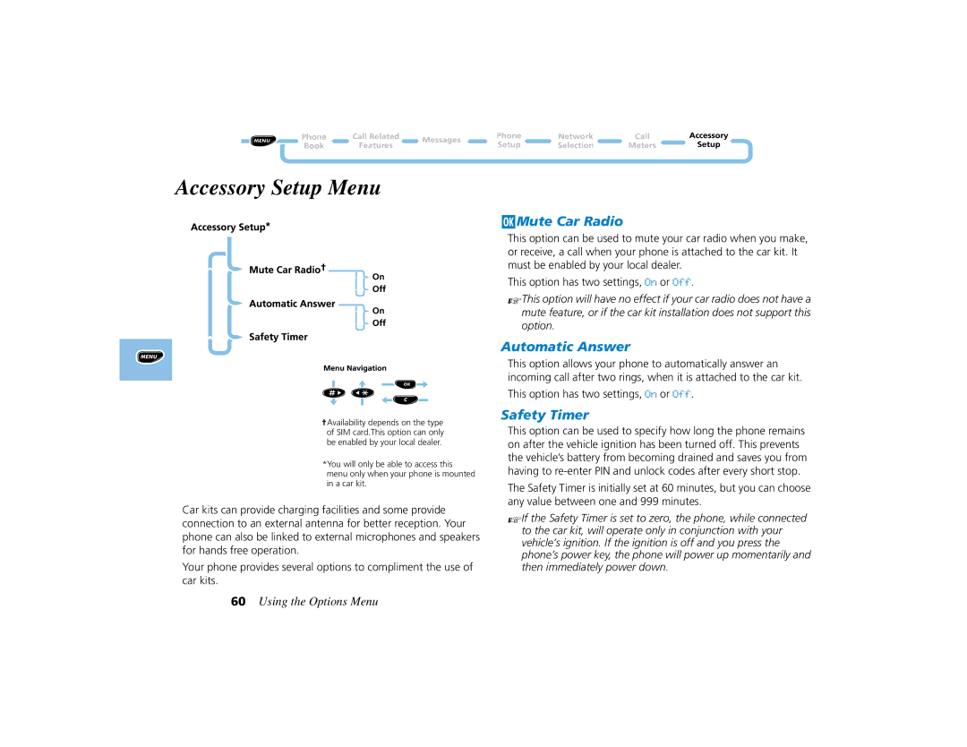 Motorola PCS telephone manual Accessory Setup Menu, JMute Car Radio, Automatic Answer, Safety Timer 