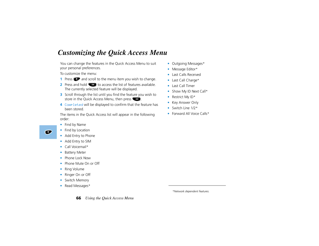 Motorola PCS telephone manual Customizing the Quick Access Menu 