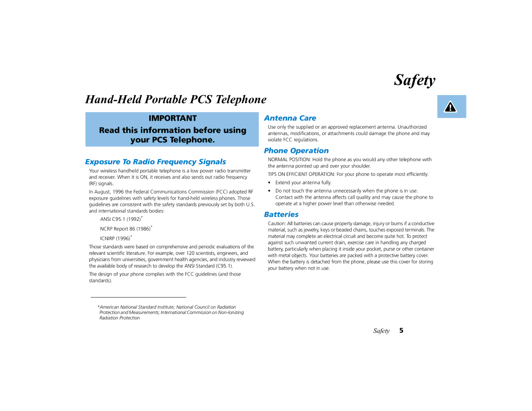 Motorola PCS telephone manual Safety, Hand-Held Portable PCS Telephone 