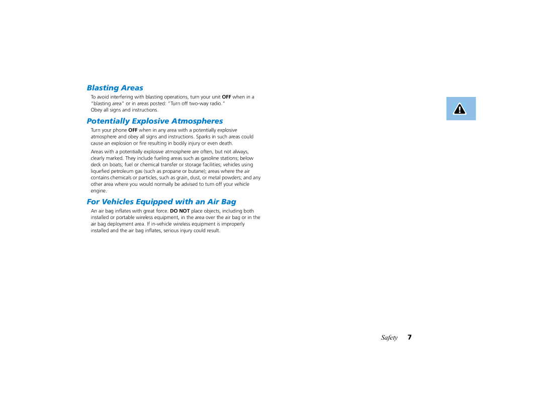 Motorola PCS telephone manual Blasting Areas, Potentially Explosive Atmospheres, For Vehicles Equipped with an Air Bag 