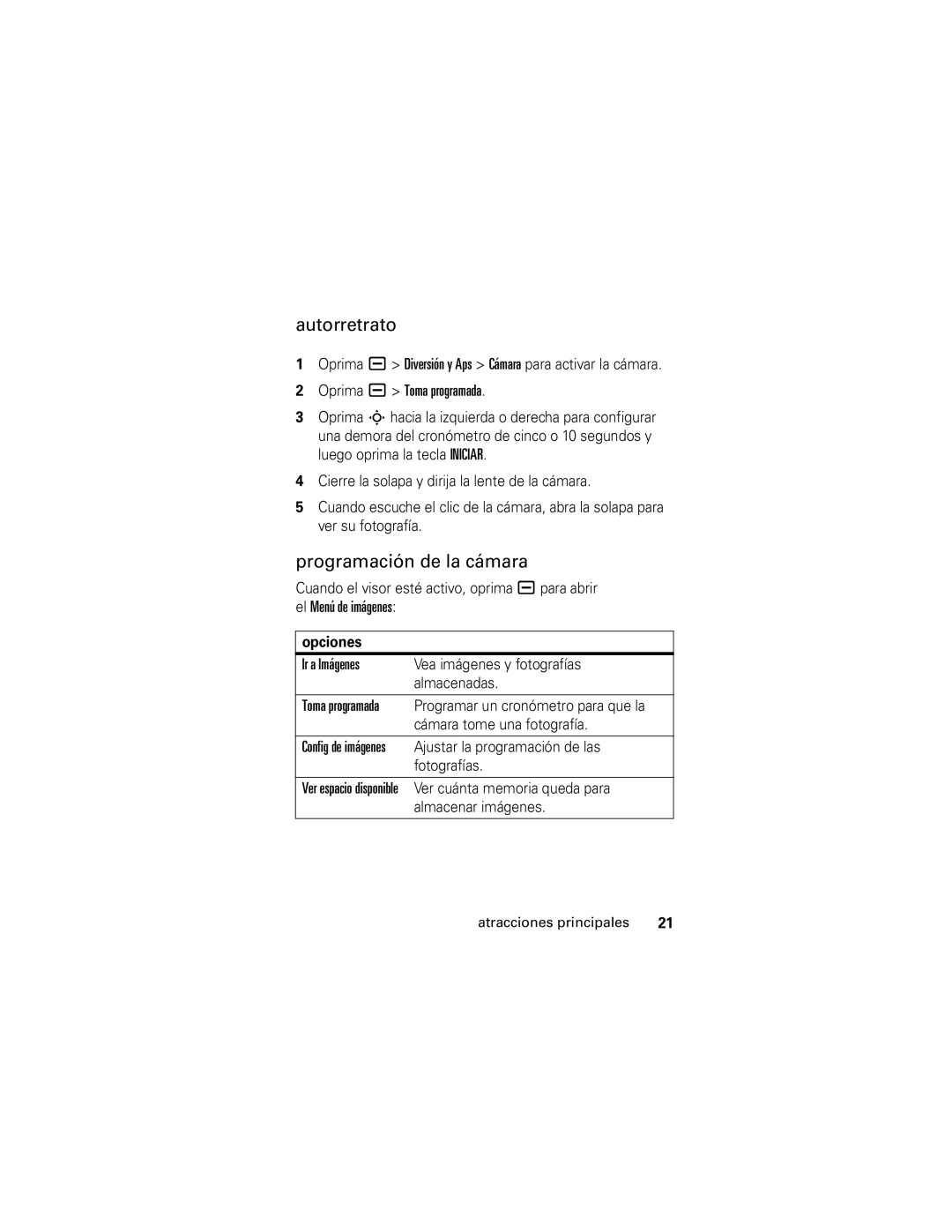 Motorola PEBL U6 manual Autorretrato, Programación de la cámara 